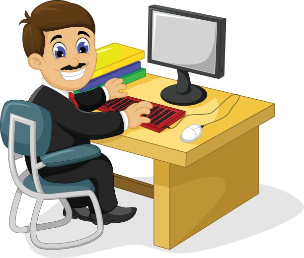 滑稽的商人卡通人物在他的办公桌上工作图片下载