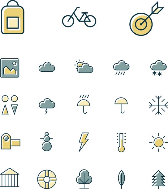 休闲、旅游和运动的细线图标图片下载