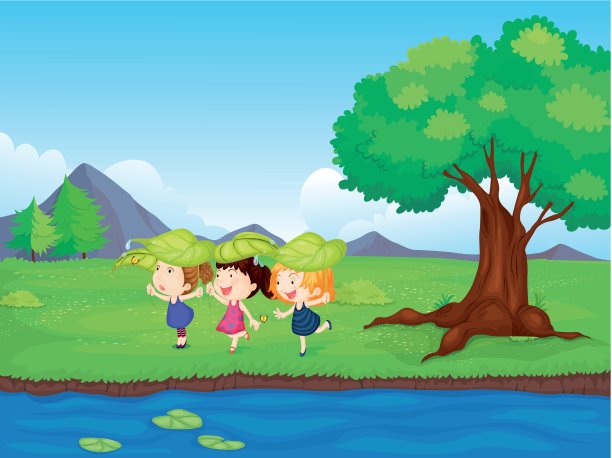 三个女孩在池塘边玩图片下载