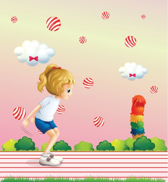 一个女孩在操场上玩着飘浮的糖果球图片下载