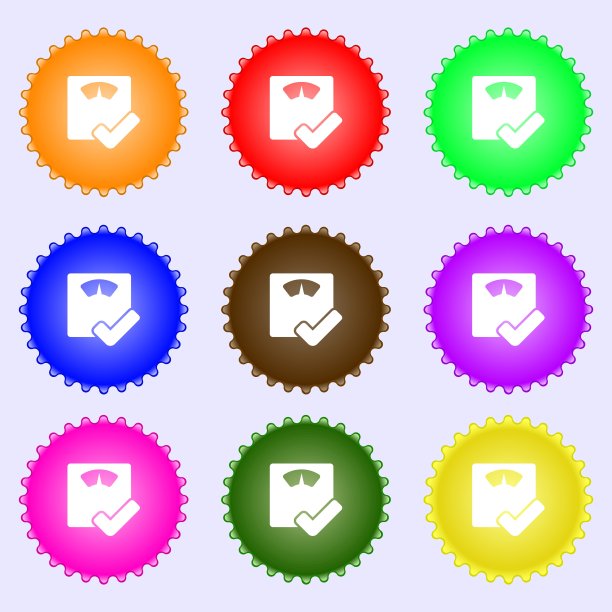 浴室秤图标标志。大套彩色，多样，高品质的纽扣。向量图片下载