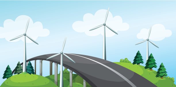 一座有风车和松树的曲桥图片下载