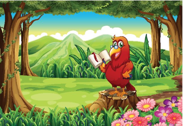 一只鹦鹉拿着一本书站在树桩上图片下载