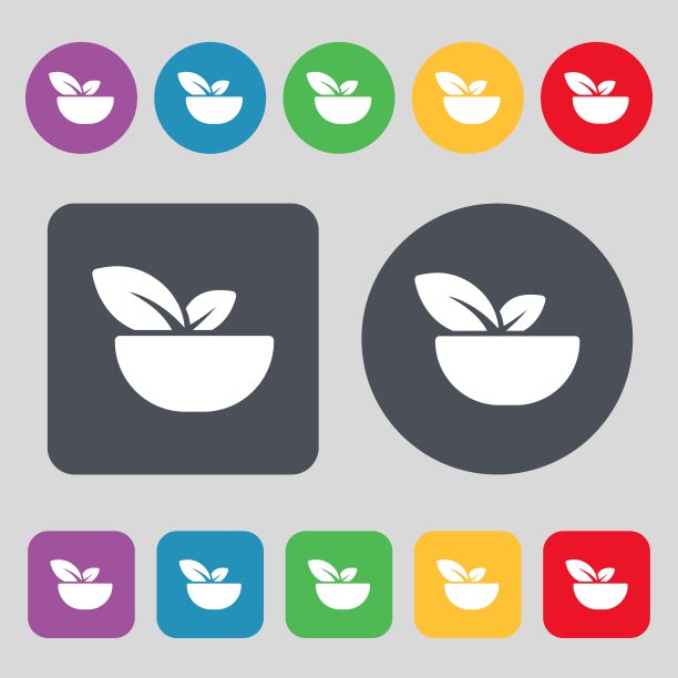 有机食品的标志。一套12个颜色的按钮。平面设计。向量图片下载