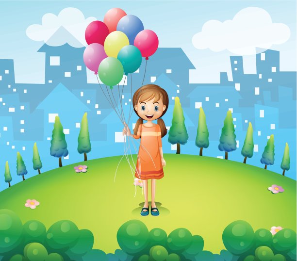 一个女孩在城市里拿着气球图片下载