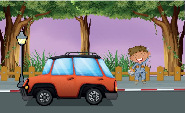 一个男孩拿着工具靠近橙色的车图片下载