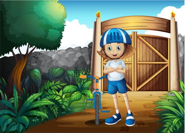 一个年轻的女孩和她的自行车在大门里面图片下载