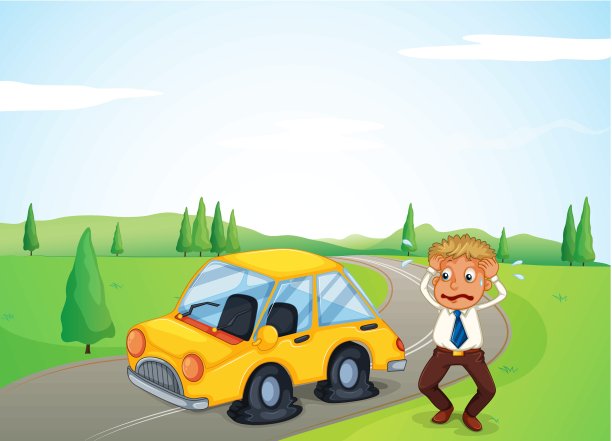 一个男人站在他那辆轮胎瘪了的黄色汽车旁图片下载