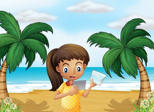 一个在海滩上拿着照片的女孩图片下载