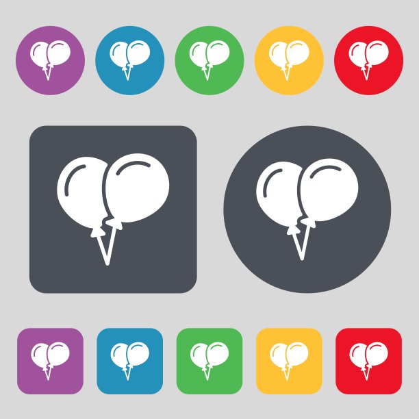 气球图标符号。一套12个颜色的按钮。平面设计。向量图片下载