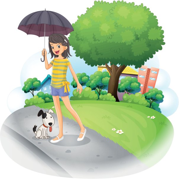 一位女士撑着伞，牵着一只狗沿路而行图片下载