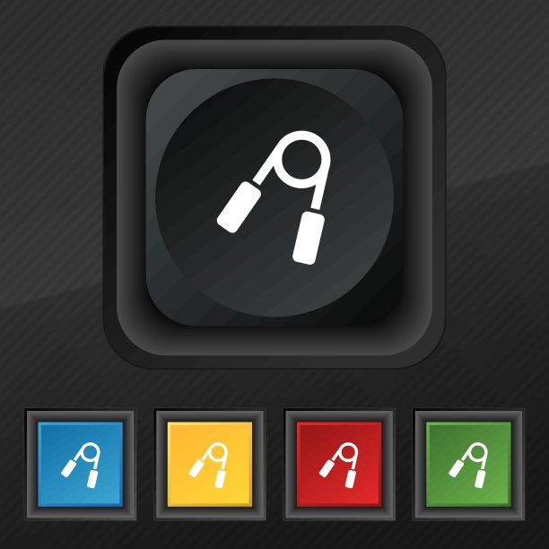 手握训练器图标符号。五套彩色，时尚的钮扣黑色纹理为您的设计。向量图片下载