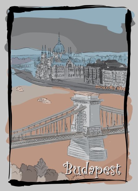 布达佩斯城市风景手绘明信片图片下载