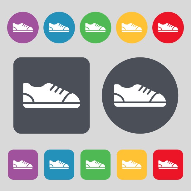 鞋图标符号。一套12个颜色的按钮。平面设计。向量图片下载