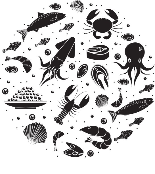海鲜图标设置在圆形，黑色剪影。海产品采集孤立在白色背景。鱼产品、海味设计元素。矢量插图。图片下载