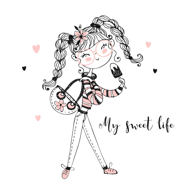 梳着辫子吃冰淇淋的时髦可爱少女。向量。着色图片下载