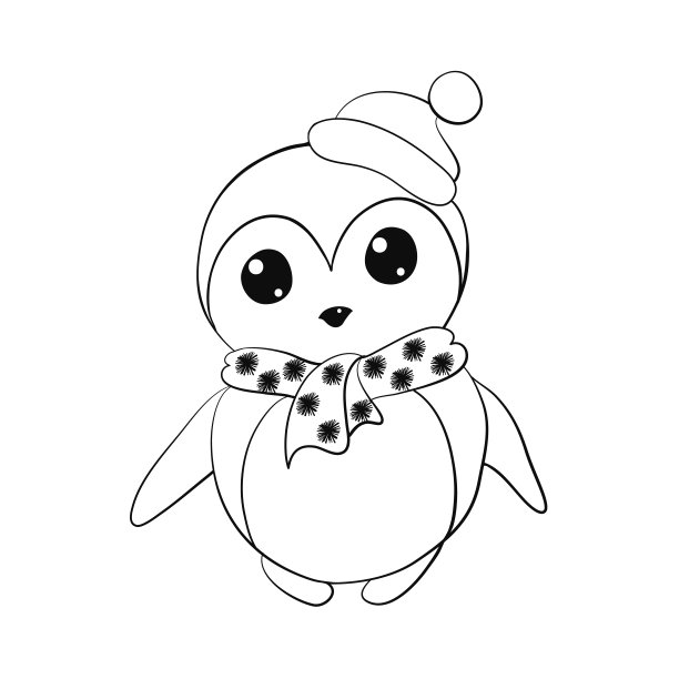 可爱的企鹅在帽子和围巾与雪花，儿童矢量手绘插图图片下载
