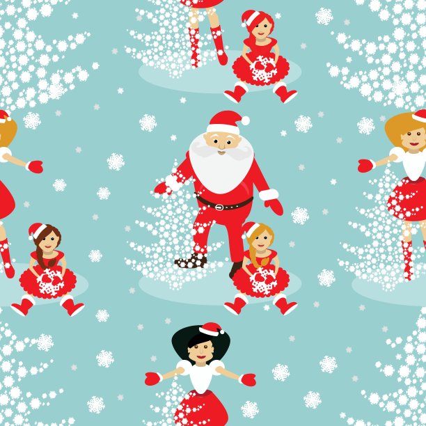 用于印刷、网站、设计、内饰、织物等。圣诞节的主题。圣诞树以蓝色的雪花为背景，怀抱圣诞老人和精灵宝宝图片下载