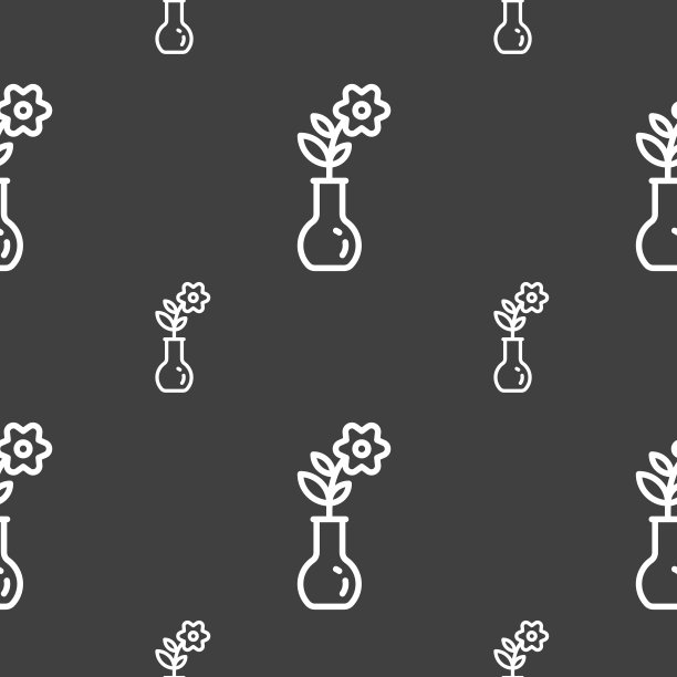 花瓶中的花图标标志。灰色背景上的无缝模式。向量图片下载