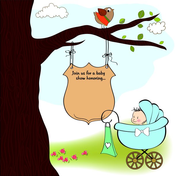 有婴儿和婴儿车的男婴公告卡图片下载