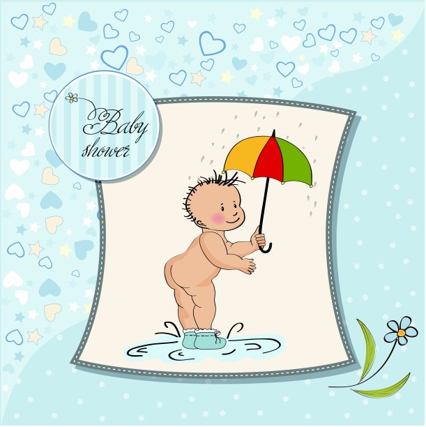 小男孩的淋浴卡片，伞下有有趣的婴儿图片下载