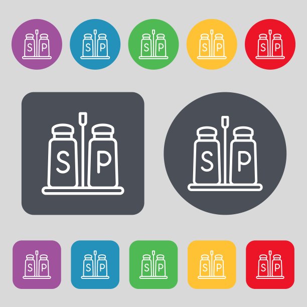 盐和胡椒的图标标志。一套12个颜色的按钮。平面设计。向量图片下载