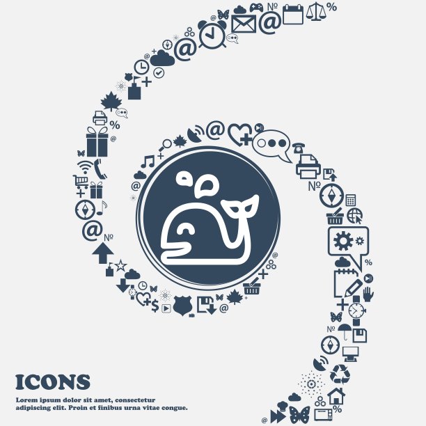 居中鲸鱼图标与螺旋缠绕的精美图案矢量素材图片下载