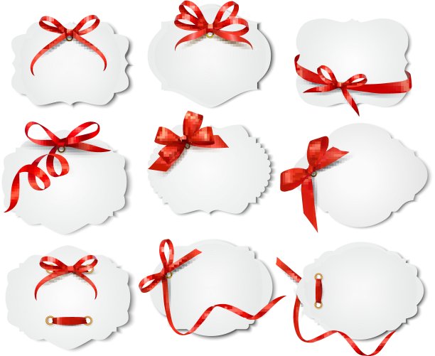 一套漂亮的卡片，上面有红色的礼品蝴蝶结和丝带。向量图片下载