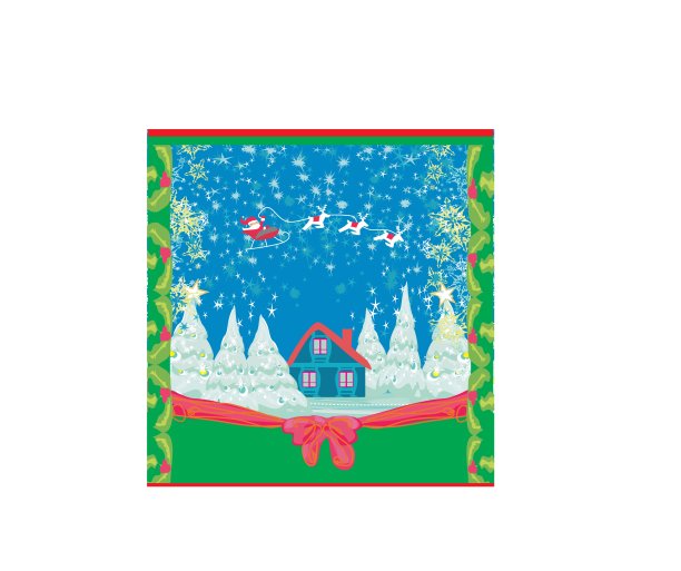 冬季圣诞卡，有圣诞老人，家和冬青叶图片下载