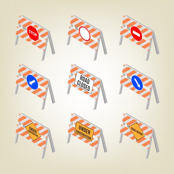 在等距，矢量插图的道路标志修复组。图片下载