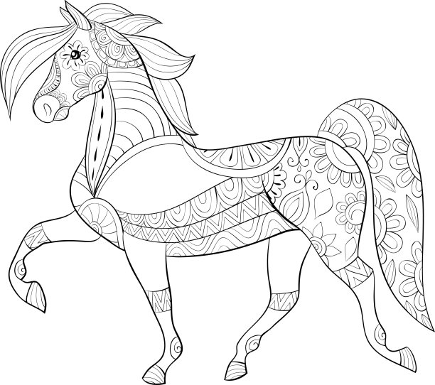成人涂色书，页一个可爱的马图片放松。禅宗艺术图片下载