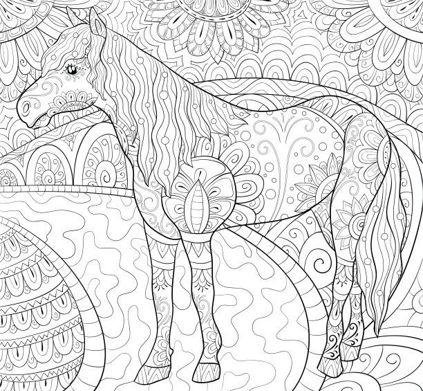 成人涂色书，页面上有可爱的马的背景图片图片下载
