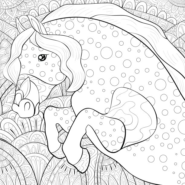 成人涂色书，页一个可爱的马图片放松。禅宗艺术图片下载
