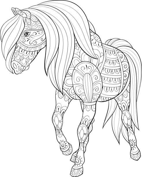 成人涂色书，页一个可爱的马图片放松。禅宗艺术图片下载