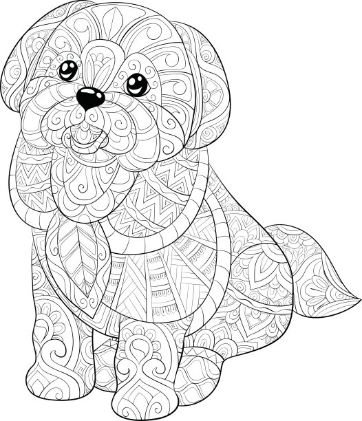 成人着色书，页一个可爱的狗图片放松。禅宗艺术年代图片下载