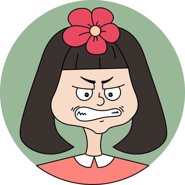 女孩头上戴着美丽的花朵，表情激动。古特女孩卡通偶像。图片下载