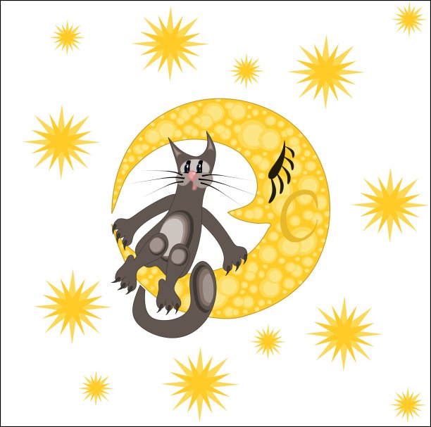 插图-中国星象-猫年。在图片中，猫坐在一个黄色的月亮上，对着星空，向量图片下载