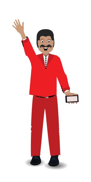 一名男子用电话打招呼，手举插图图片下载