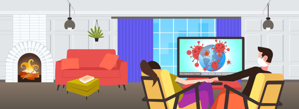 一对坐在家里自我隔离的男人女人戴着面具看电视2019-nCoV流感传播世界图片下载