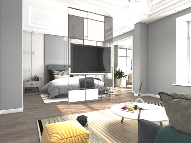 豪华酒店卧室的3D渲染图片下载