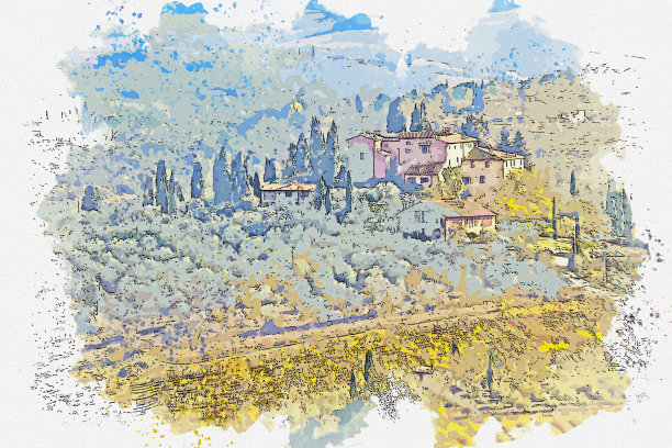 意大利世界遗产圣吉米尼亚诺旧城水彩画。图片下载