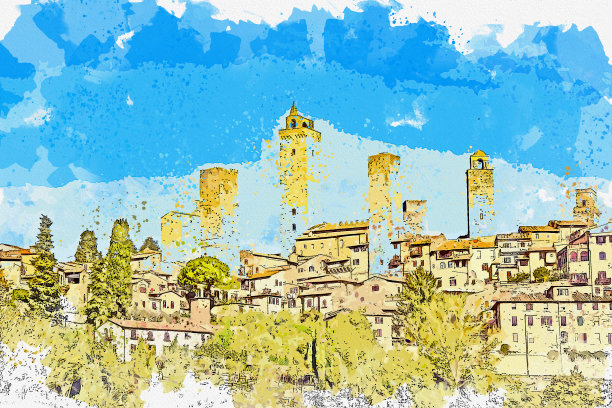 意大利圣吉米尼亚诺世界遗产的彩色水彩画。图片下载