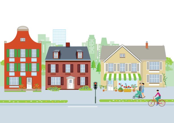 安静的郊区街道，行人和骑自行车的人图片下载