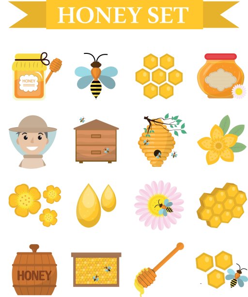 蜂蜜图标设置，平面，卡通风格。养蜂人收集的对象隔离在白色背景。养蜂套件设计要素。矢量图图片下载