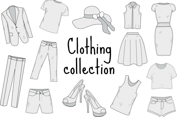 服装集手绘、素描、涂鸦风格。服装收藏。矢量插图。图片下载