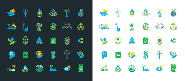 太阳能绿色电力平面颜色图标集图片下载