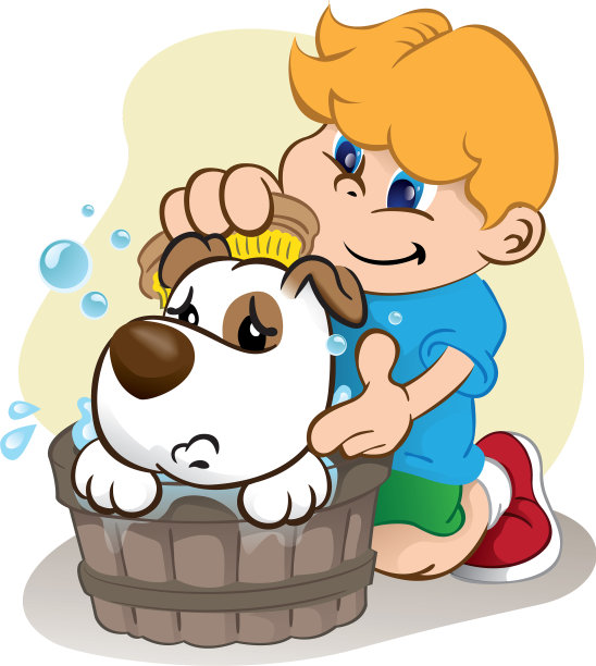 在狗身上洗澡的孩子图片下载