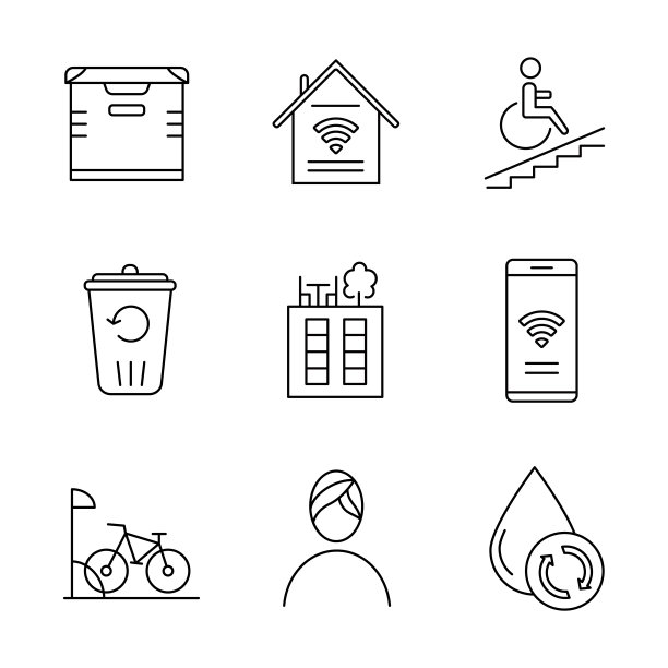 公寓设施线性图标集。智能家居，轮椅通道，回收服务，水疗，水过滤。细线等高线符号。孤立矢量大纲插图。可编辑的中风图片下载