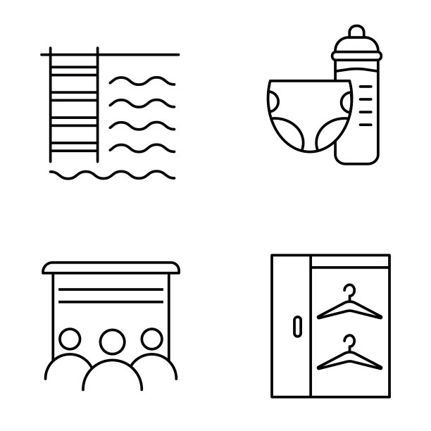 公寓设施线性图标集。游泳池，学步室，电影院，壁橱。家服务。细线等高线符号。孤立矢量大纲插图。可编辑的中风图片下载