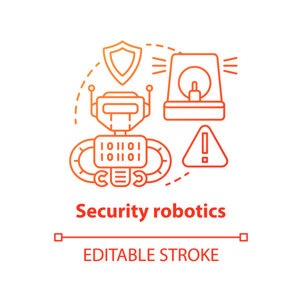 安全机器人红色概念图标。安全技术理念细线说明。机器人的类型，分类。电脑机器保护。矢量孤立轮廓绘制。可编辑的中风图片下载